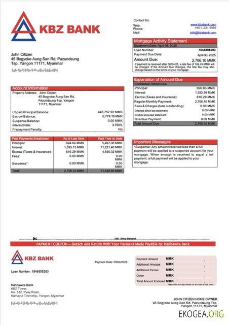 Modèle Word et PDF de relevé hypothécaire de la Myanmar Kanbawza Bank
